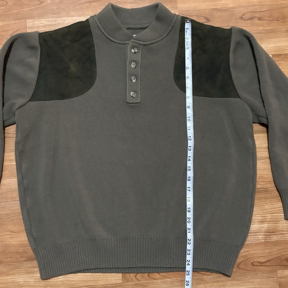 Filson Mens Peat Green Virgin Wool Shoulder Panels Henley Guide Sweater Size S/M - Picture 8 of 12
